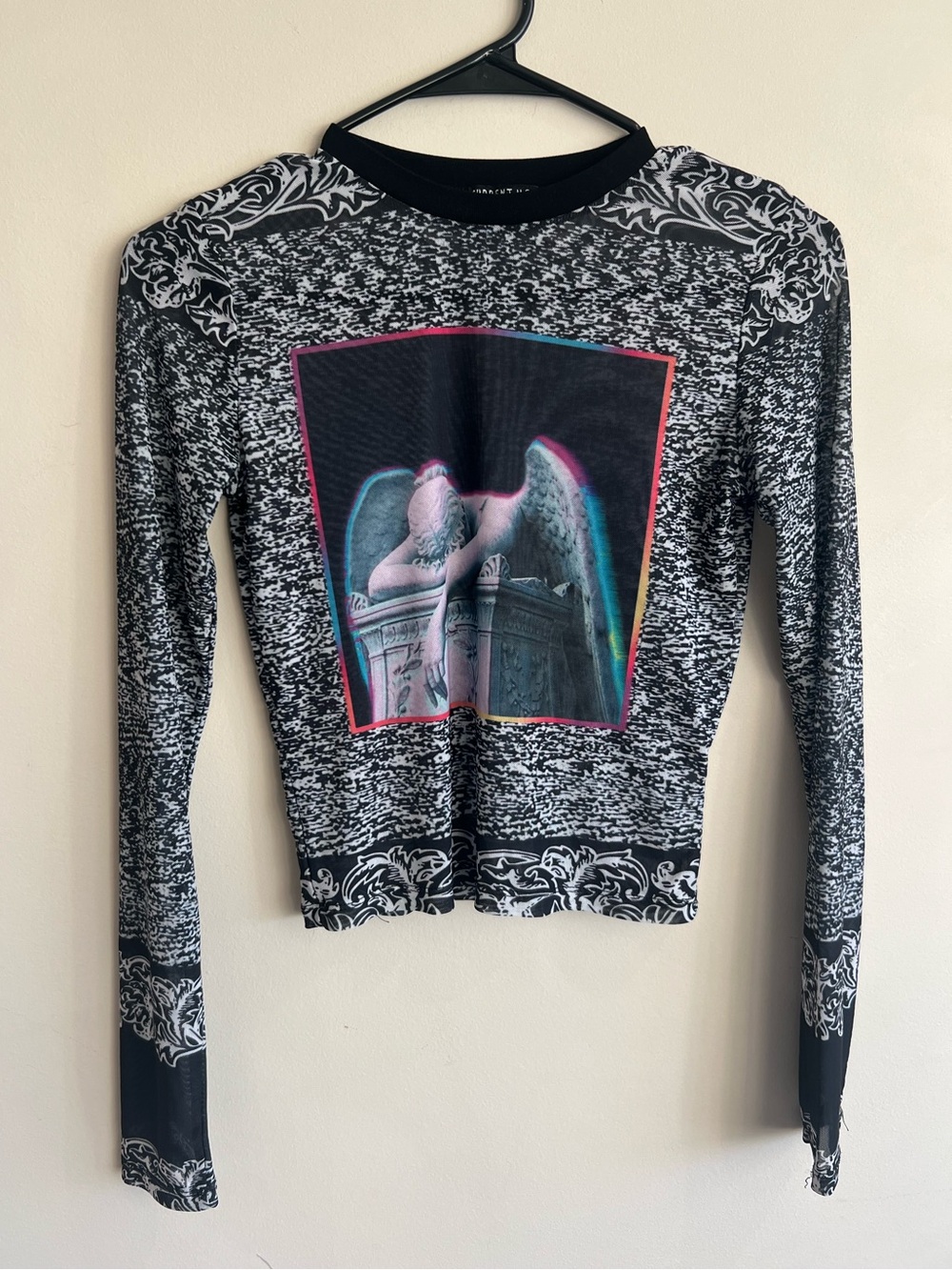 Black & White Graphic Long Sleeve Top with Angel Print